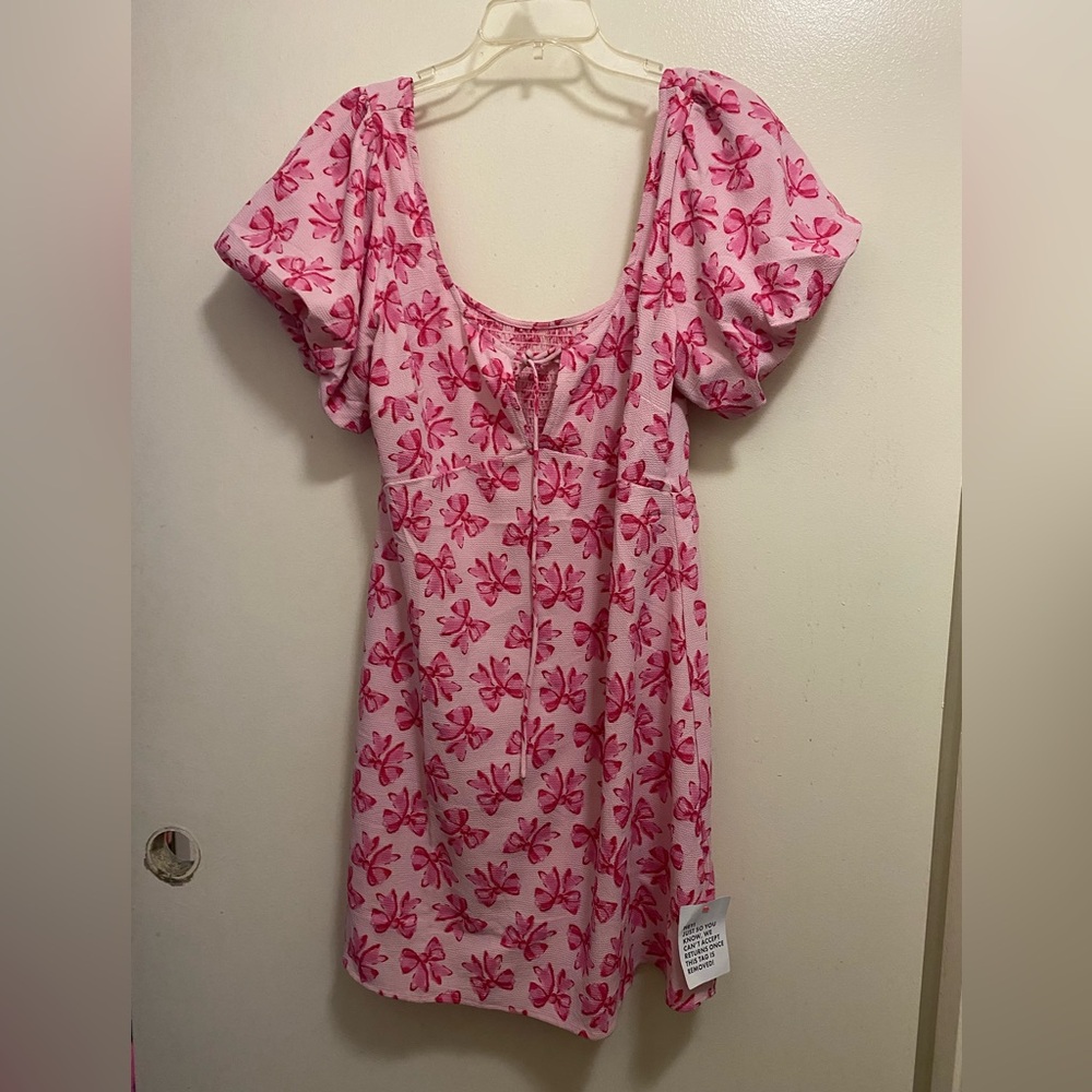 Asos Design Womens Mini Dress Size 12 Light Pink With Hot Pink Bows Print NWOT